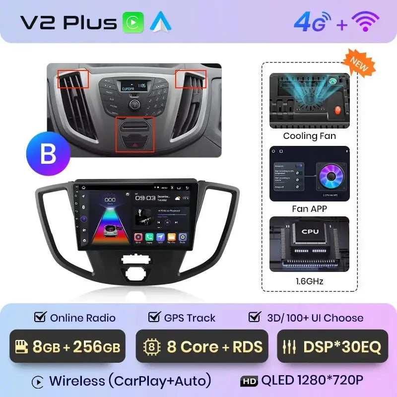 4G Bezprzewodowy CarPlay i Android Auto 2DIN Multimedia GPS Radio do Ford Transit Custom/Tourneo 2013 - 2021 - Multigenus