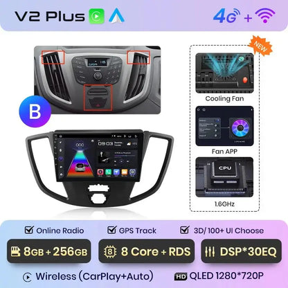 4G Bezprzewodowy CarPlay i Android Auto 2DIN Multimedia GPS Radio do Ford Transit Custom/Tourneo 2013 - 2021 - Multigenus