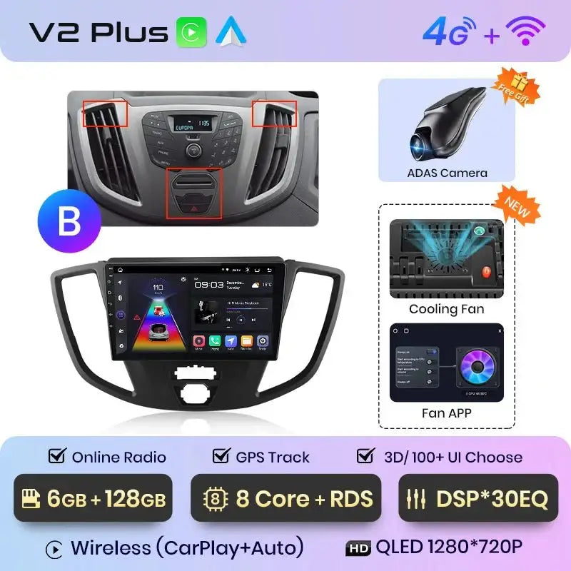 4G Bezprzewodowy CarPlay i Android Auto 2DIN Multimedia GPS Radio do Ford Transit Custom/Tourneo 2013 - 2021 - Multigenus