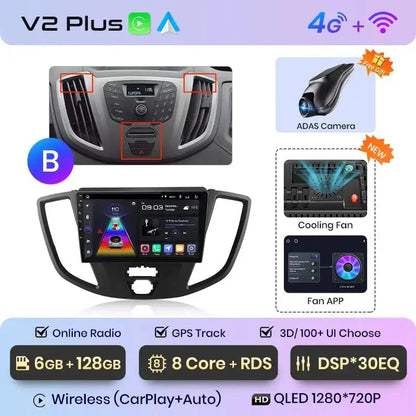 4G Bezprzewodowy CarPlay i Android Auto 2DIN Multimedia GPS Radio do Ford Transit Custom/Tourneo 2013 - 2021 - Multigenus
