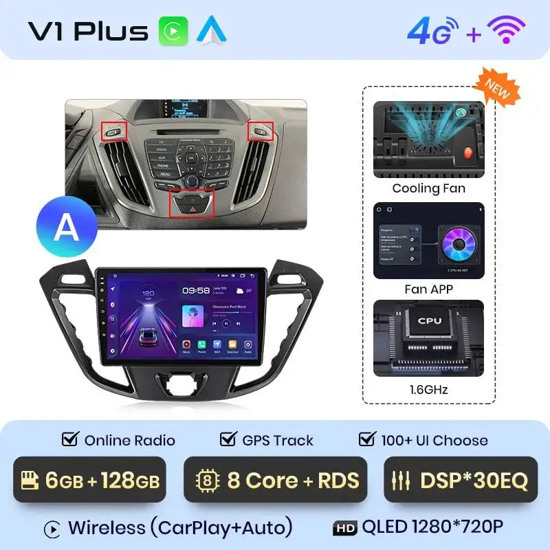 4G Bezprzewodowy CarPlay i Android Auto 2DIN Multimedia GPS Radio do Ford Transit Custom/Tourneo 2013 - 2021 - Multigenus