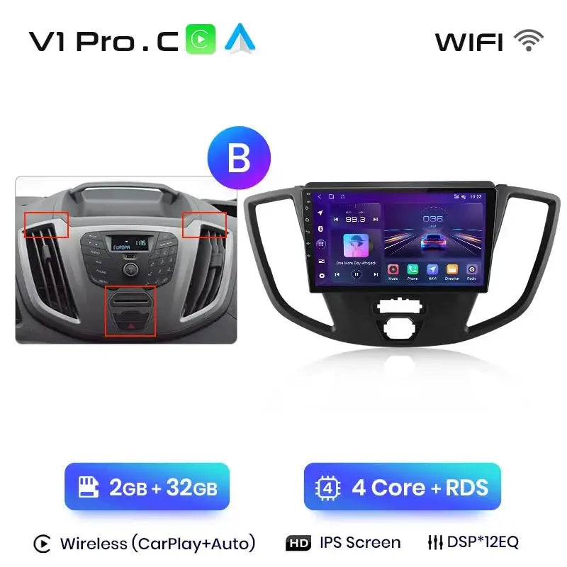 4G Bezprzewodowy CarPlay i Android Auto 2DIN Multimedia GPS Radio do Ford Transit Custom/Tourneo 2013 - 2021 - Multigenus