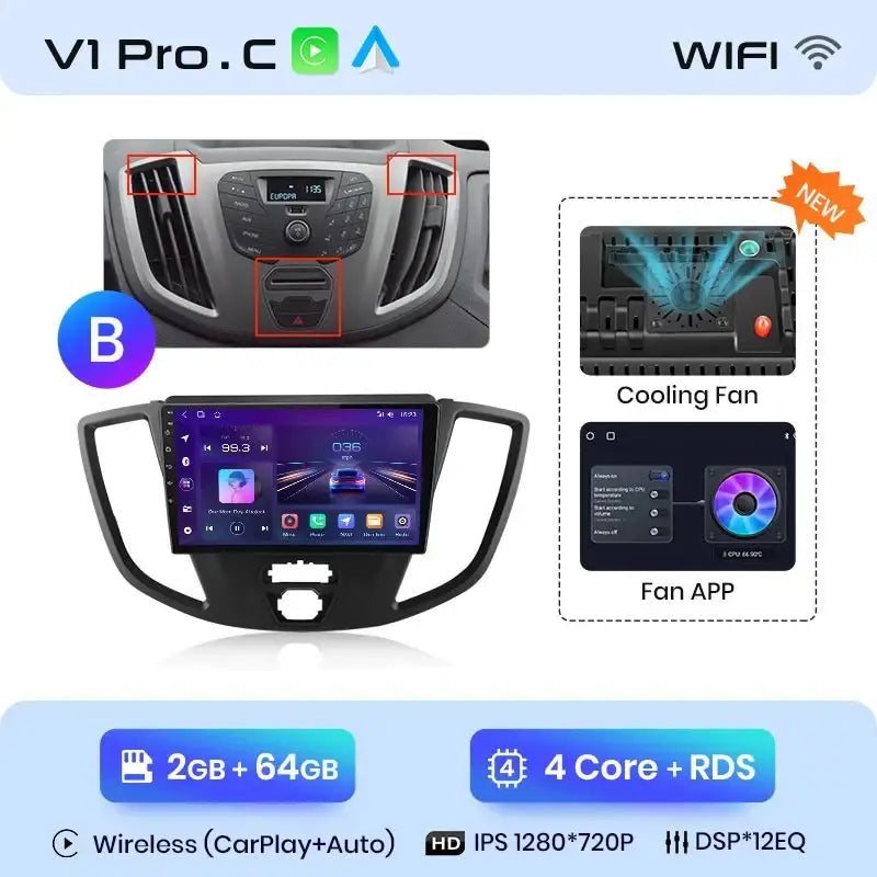 4G Bezprzewodowy CarPlay i Android Auto 2DIN Multimedia GPS Radio do Ford Transit Custom/Tourneo 2013 - 2021 - Multigenus