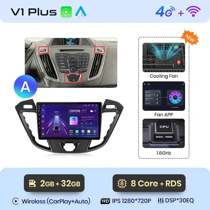 4G Bezprzewodowy CarPlay i Android Auto 2DIN Multimedia GPS Radio do Ford Transit Custom/Tourneo 2013 - 2021 - Multigenus