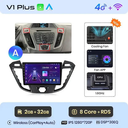 4G Bezprzewodowy CarPlay i Android Auto 2DIN Multimedia GPS Radio do Ford Transit Custom/Tourneo 2013 - 2021 - Multigenus