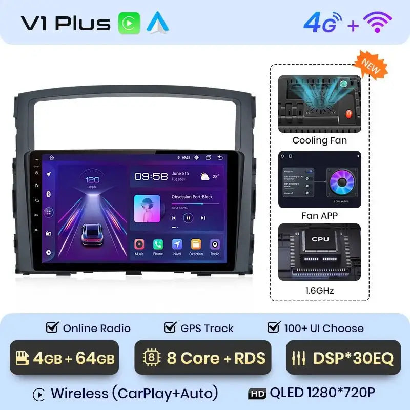 Radio samochodowe V1 Plus do Mitsubishi Pajero 4 (2006 - 2014) | Bezprzewodowy CarPlay i Android Auto | Ekran dotykowy 9 - Multigenus