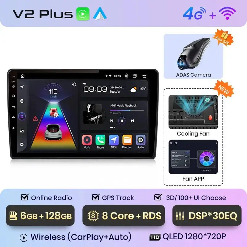 Radio Samochodowe V1 Plus do Skody Fabia 2 (2007 - 2014) – Bezprzewodowy CarPlay i Android Auto – System Multimedialny 2 DIN - Multigenus
