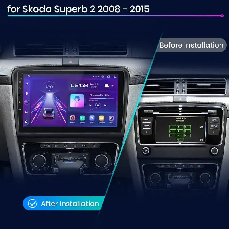 Radio samochodowe V1 Plus dla Skoda Superb 2 (2008 - 2015) - Bezprzewodowy CarPlay i Android Auto | Inteligentny system, brak DVD 2 - DIN - Multigenus