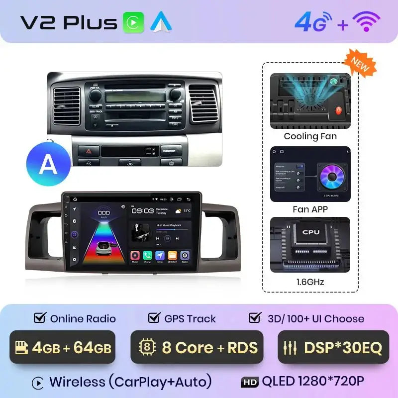 Radio do Toyota Corolla E120 E130 2000 - 2004 z Android Auto i Bezprzewodowym CarPlay - Multigenus