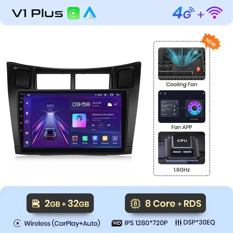 Radio samochodowe V1 Plus do Toyota Yaris 2005 - 2012 | Bezprzewodowy CarPlay i Android Auto | Inteligentny system samochodowy - Multigenus