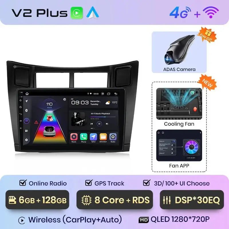 Radio samochodowe V1 Plus do Toyota Yaris 2005 - 2012 | Bezprzewodowy CarPlay i Android Auto | Inteligentny system samochodowy - Multigenus