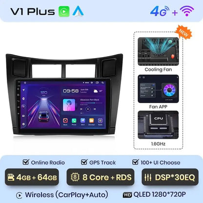 Radio samochodowe V1 Plus do Toyota Yaris 2005 - 2012 | Bezprzewodowy CarPlay i Android Auto | Inteligentny system samochodowy - Multigenus