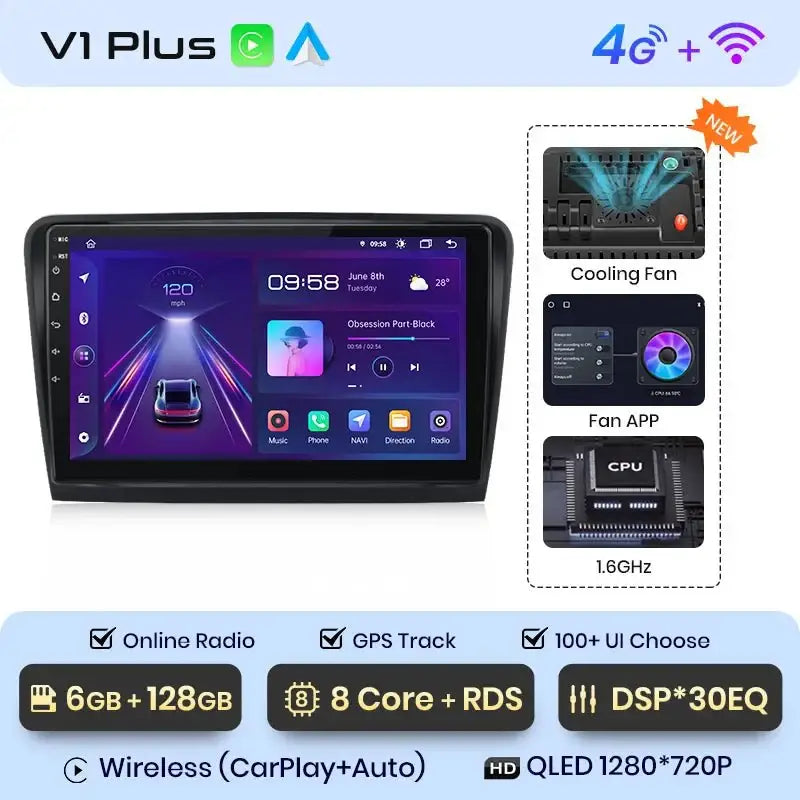 Radio samochodowe V1 Plus dla Skoda Superb 2 (2008 - 2015) - Bezprzewodowy CarPlay i Android Auto | Inteligentny system, brak DVD 2 - DIN - Multigenus