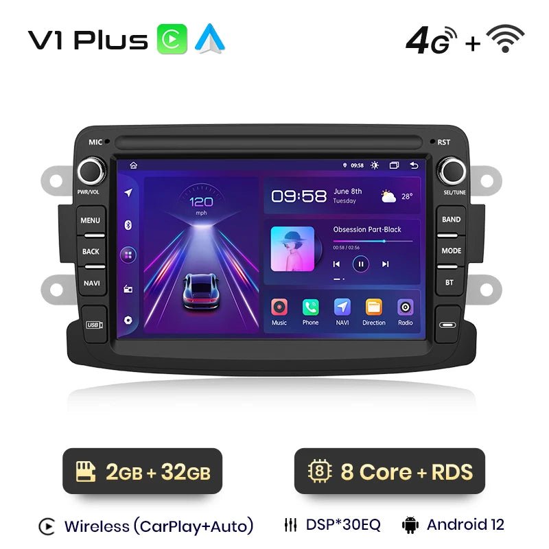 Radio do Renault Dacia Duster, Sandero, Captur, Xray, Logan 2, Symbol i Dokker z Bezprzewodowym CarPlay i Android Auto - Multigenus