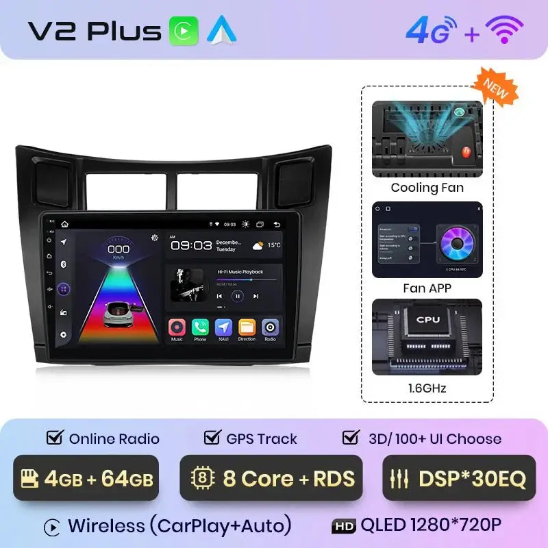 Radio samochodowe V1 Plus do Toyota Yaris 2005 - 2012 | Bezprzewodowy CarPlay i Android Auto | Inteligentny system samochodowy - Multigenus