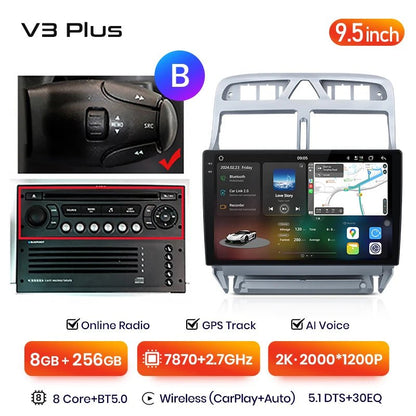 Radio Samochodowe 3 Plus 2K dla Peugeot 307 (2002 - 2013) | Bezprzewodowy CarPlay i Android Auto | Premium Upgrade Bez DVD 2DIN - Multigenus