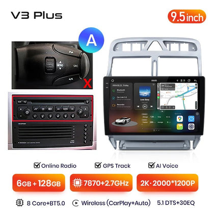 Radio Samochodowe 3 Plus 2K dla Peugeot 307 (2002 - 2013) | Bezprzewodowy CarPlay i Android Auto | Premium Upgrade Bez DVD 2DIN - Multigenus