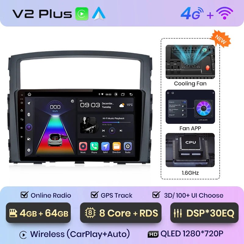 Radio samochodowe V1 Plus do Mitsubishi Pajero 4 (2006 - 2014) | Bezprzewodowy CarPlay i Android Auto | Ekran dotykowy 9 - Multigenus