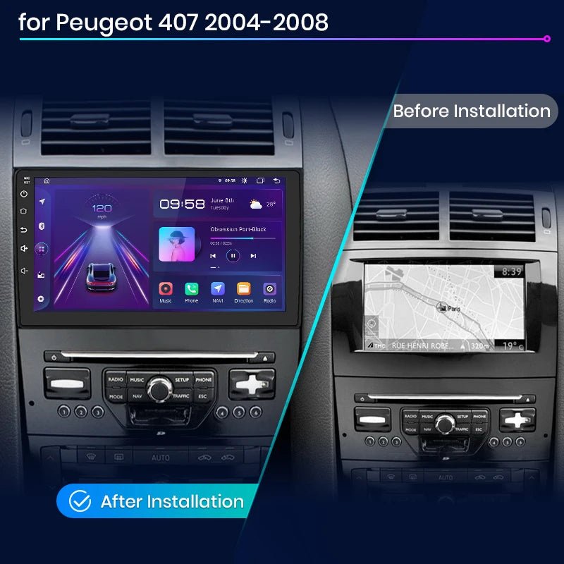 Radio samochodowe V1 Plus do Peugeot 407 (2004 - 2011) z bezprzewodowym CarPlay i Android Auto – Bez 2DIN DVD - Multigenus