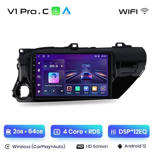 Radio Samochodowe V1 Plus do Toyota Hilux PickUp AN120 2015 - 2020 z Bezprzewodowym CarPlay i Android Auto, Brak DVD, 2DIN - Multigenus