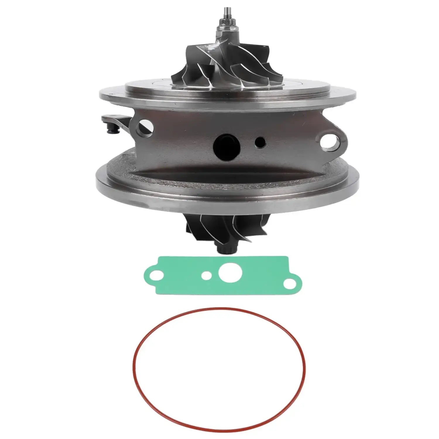 Srebrny metaliczny turboładowacz z czarnymi łopatkami turbiny, uszczelką zieloną i czerwoną gumową dla audi a5 vw touareg 819968-5002s 819968-5001s