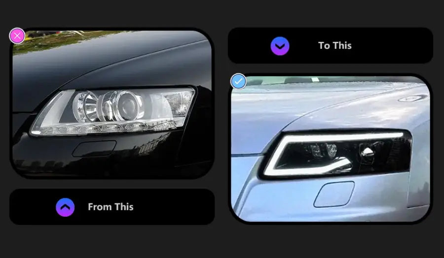 Reflektory lampy przednie do Audi A6 C6 LED z Dynamicznym Sygnałem Animacji DRL i Lampy Bi-Xenon (2005-2011)