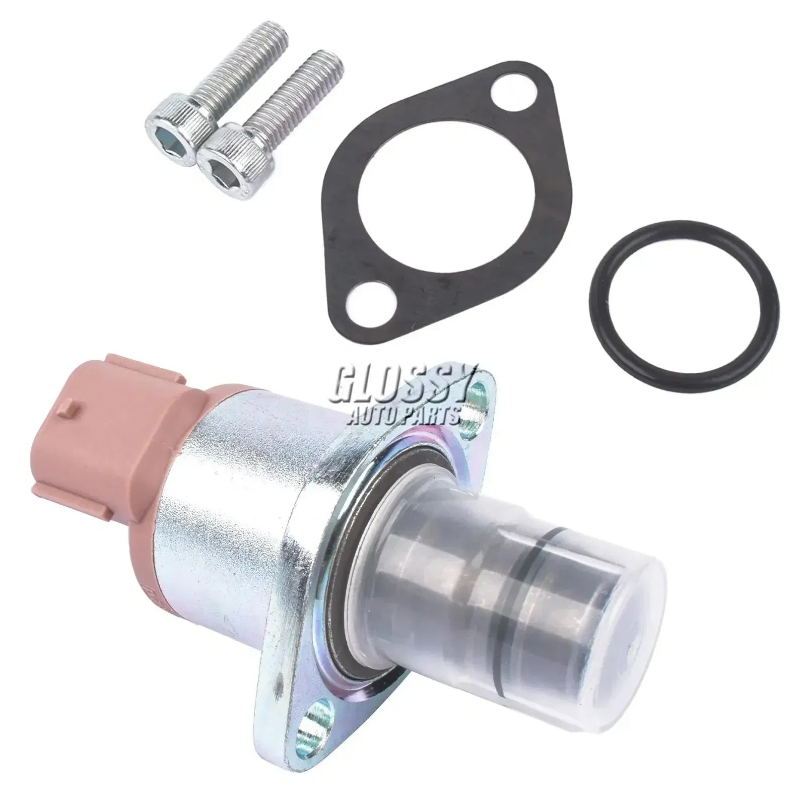 Srebrny metaliczny regulator ciśnienia paliwa z różowym plastikowym złączem do ford transit mk7 oraz pojazdów 2.2 hdi