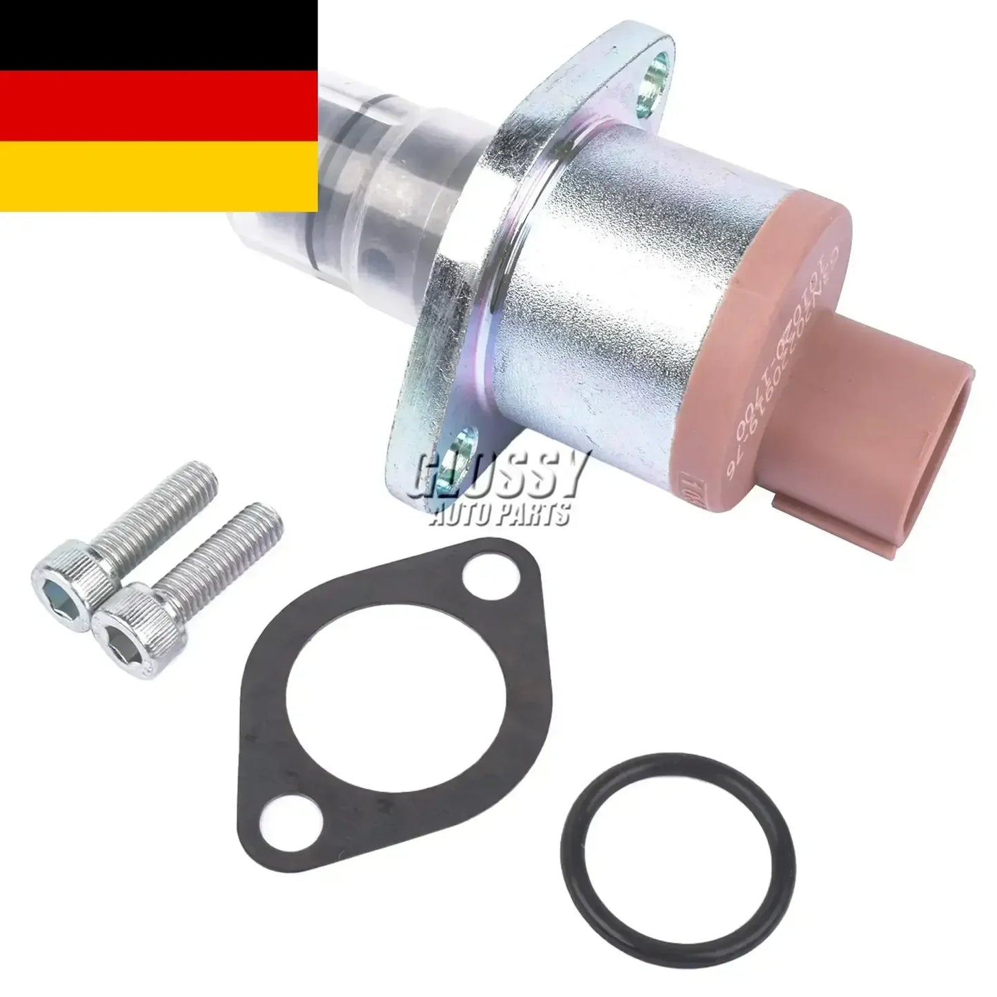 Srebrny metaliczny regulator ciśnienia paliwa z różowym plastikowym złączem i mocowaniem do ford transit mk7