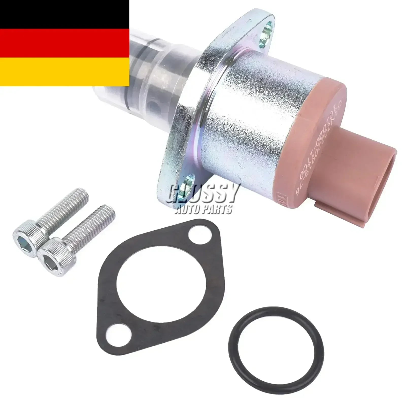 Srebrny metaliczny regulator ciśnienia paliwa z różowym plastikowym złączem i mocowaniem do ford transit mk7