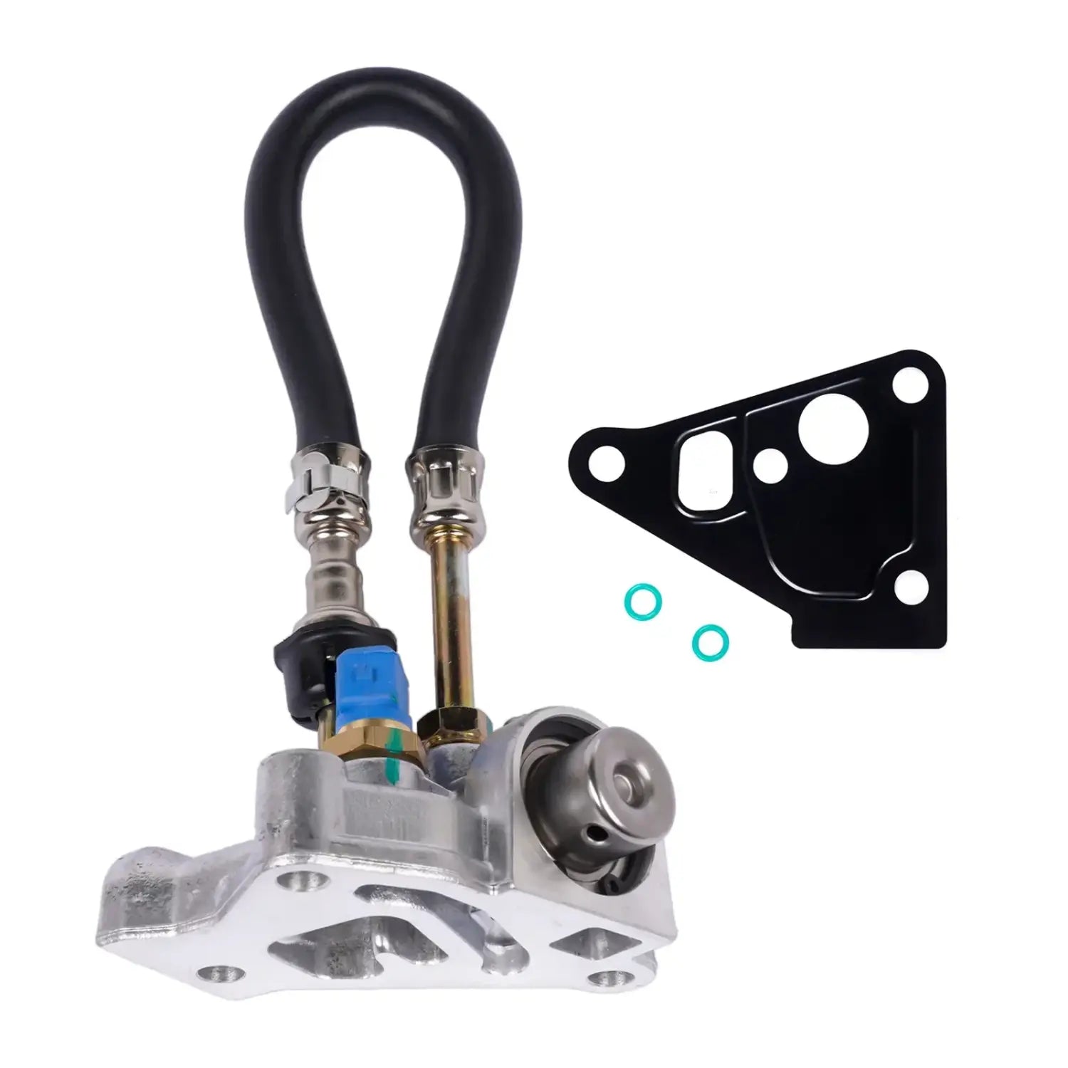 Regulator ciśnienia paliwa ap03 do land rover discovery 2 silver aluminium z czarnymi gumowymi przewodami i niebieskim złączem
