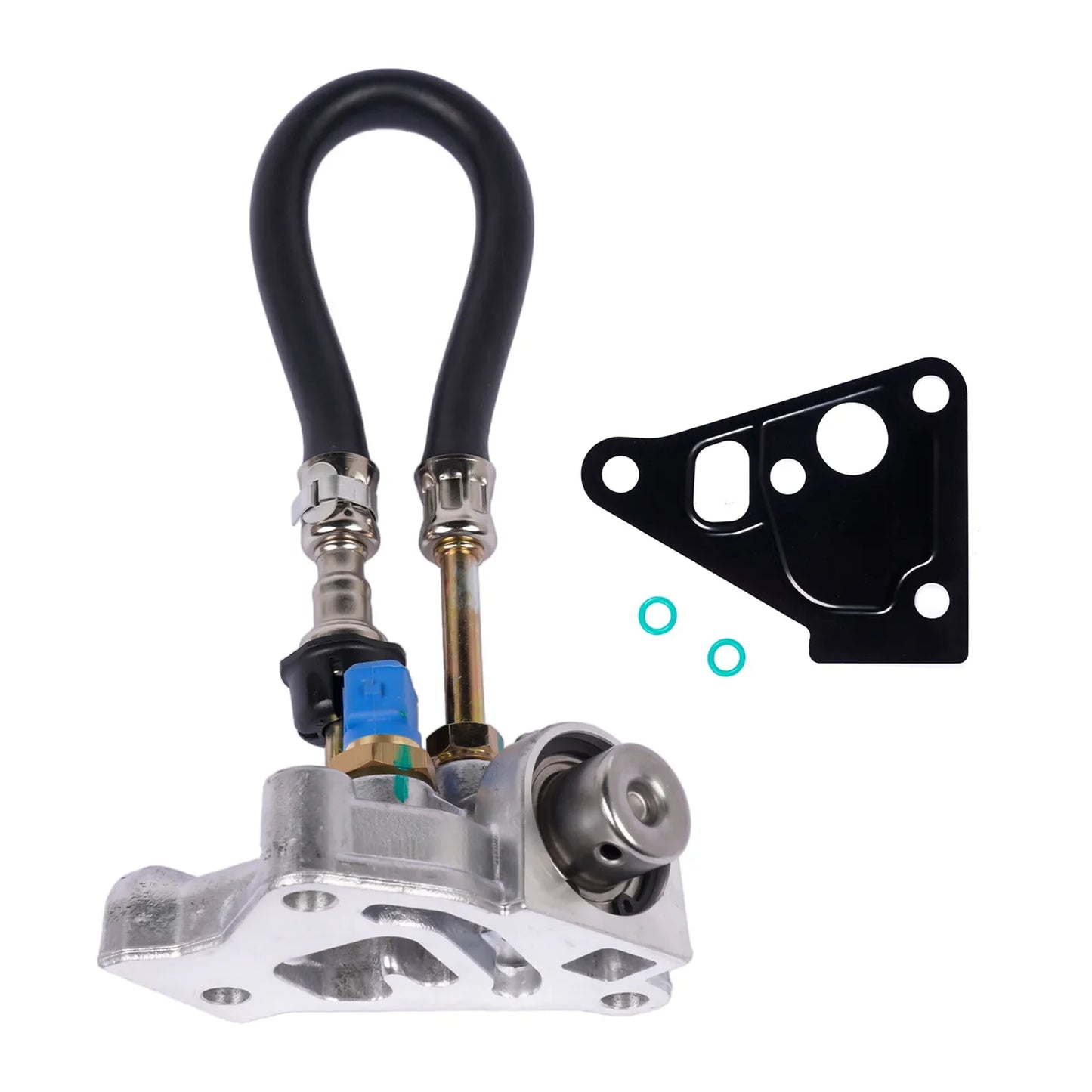 Regulator ciśnienia paliwa ap03 do land rover discovery 2 silver aluminium z czarnymi gumowymi przewodami i niebieskim złączem