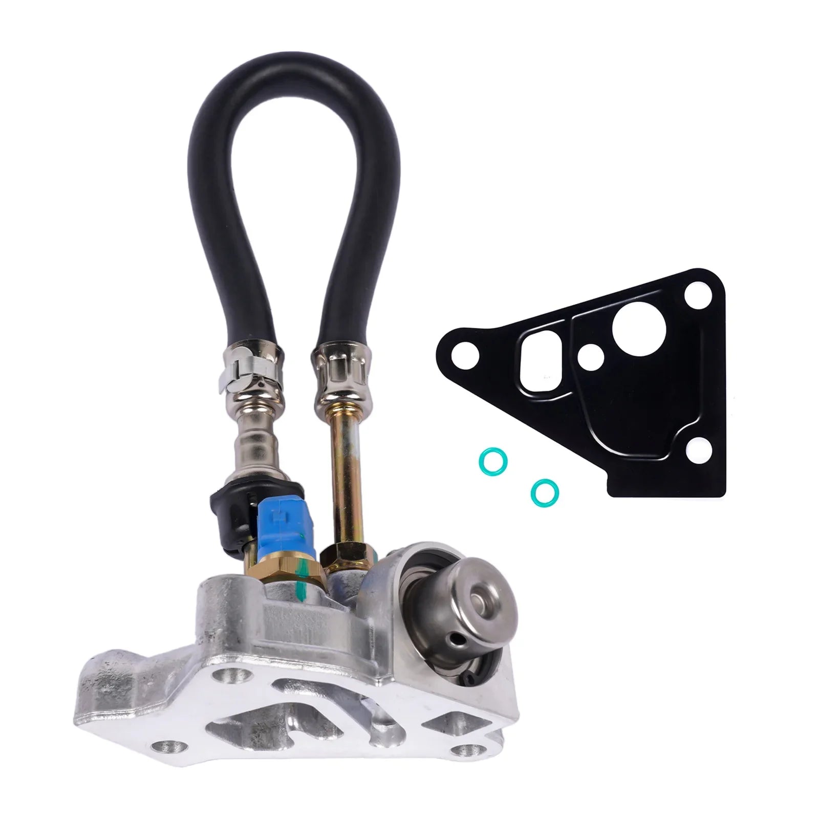 Regulator ciśnienia paliwa ap03 do land rover discovery 2 silver aluminium z czarnymi gumowymi przewodami i niebieskim złączem