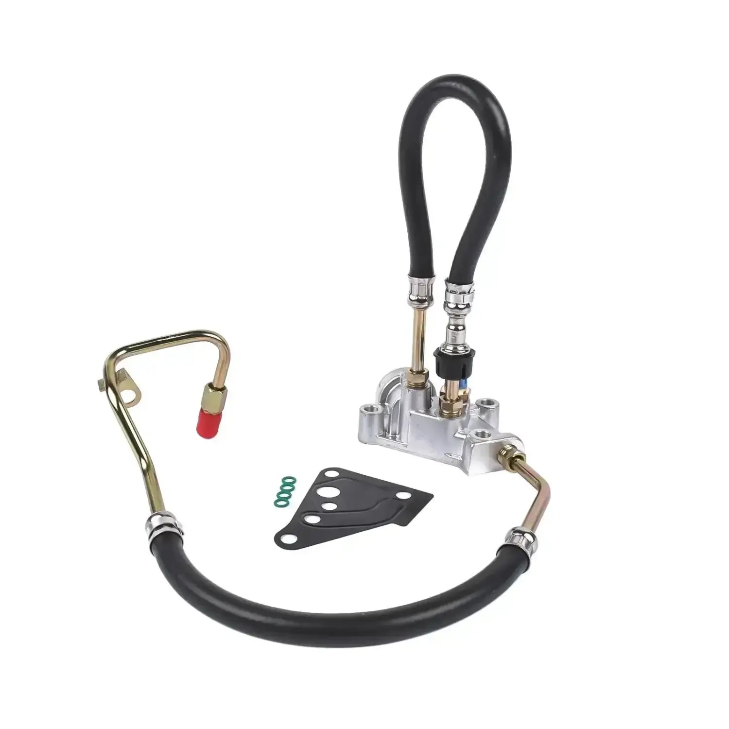 Srebrna aluminiowa pompa ciśnienia wspomagania land rover defender td5 z czarnymi gumowymi przewodami i metalowymi złączkami regulator ciśnienia paliwa lr016318