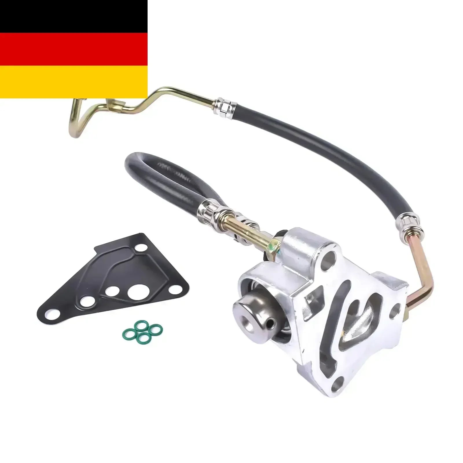Srebrny metalowy regulator ciśnienia paliwa land rover defender td5 z czarnymi gumowymi przewodami i metalowymi złączami