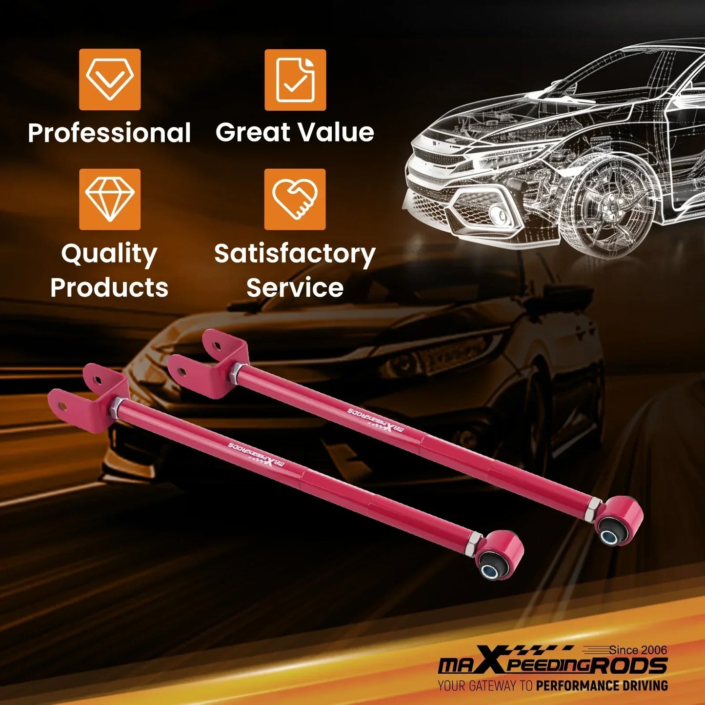 Różowe metaliczne wahaczy camber regulowanych z czarnymi przegubami kulowymi marki max peeding rods do bmw e36 e46