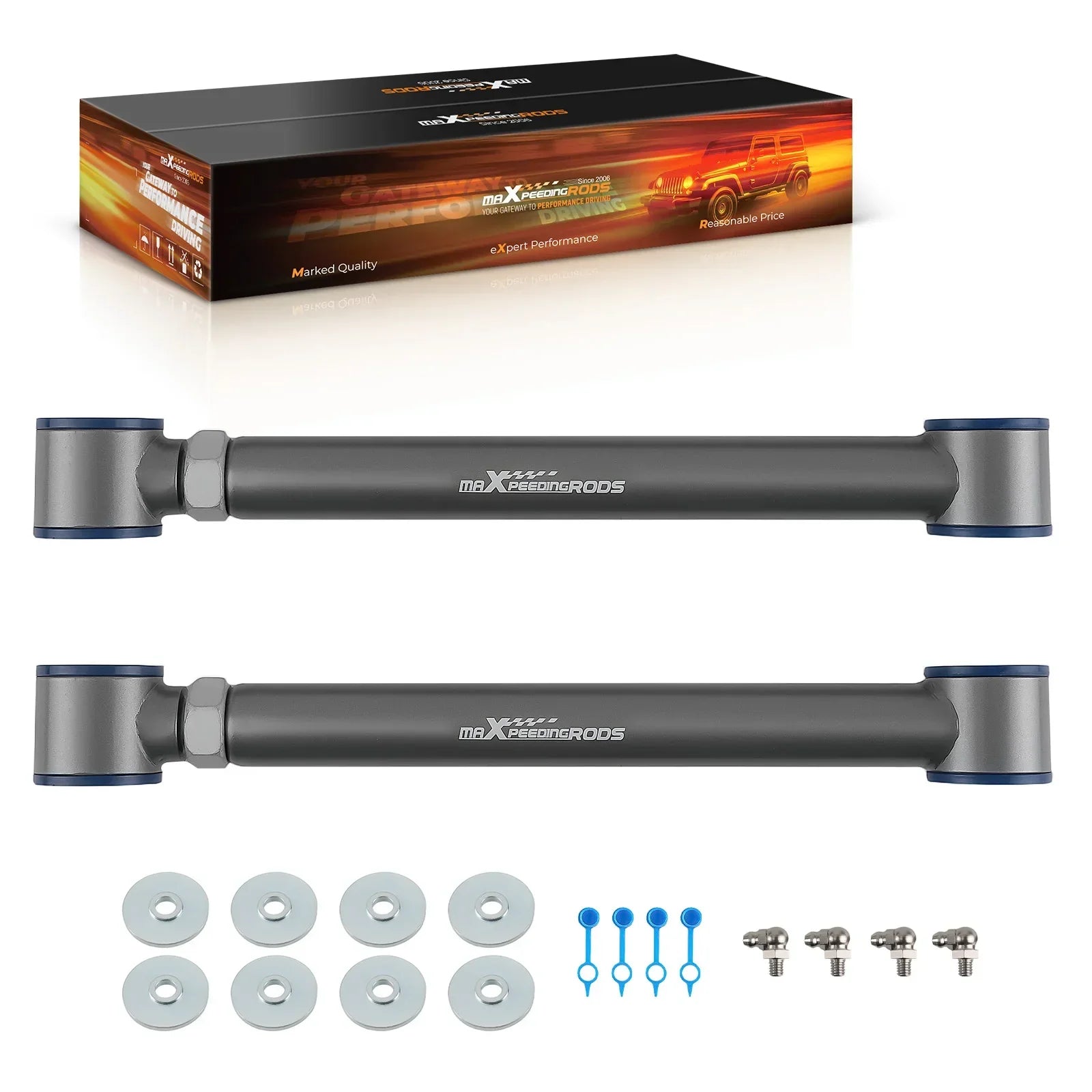 Czarno-srebrne regulowane dolne wahacze maxspeedrods z niebieskimi akcentami do jeep grand cherokee wj 1999