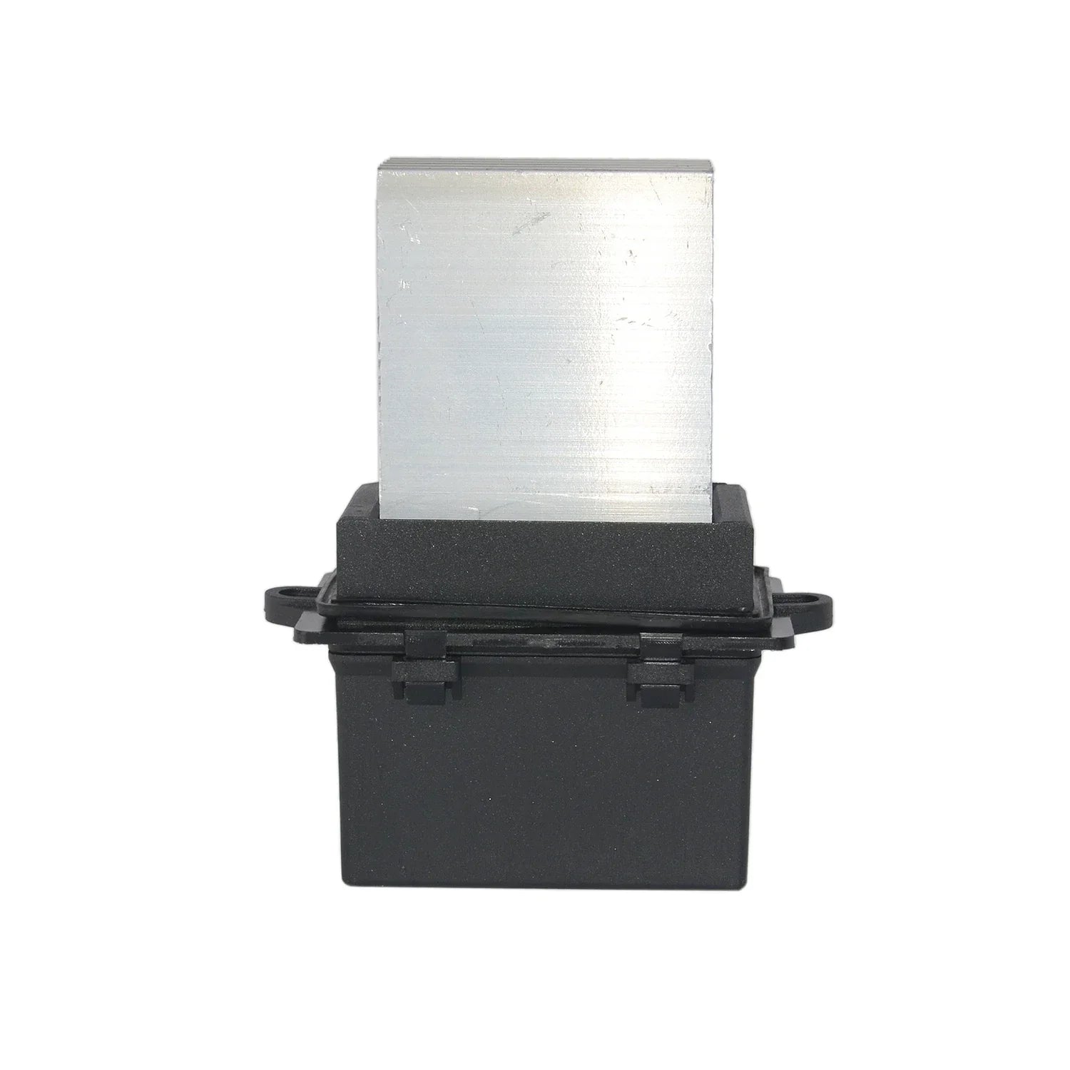 Srebrny aluminiowy blok rezystora wentylatora ap01 montowany na czarnej plastikowej podstawie do jeep grand cherokee