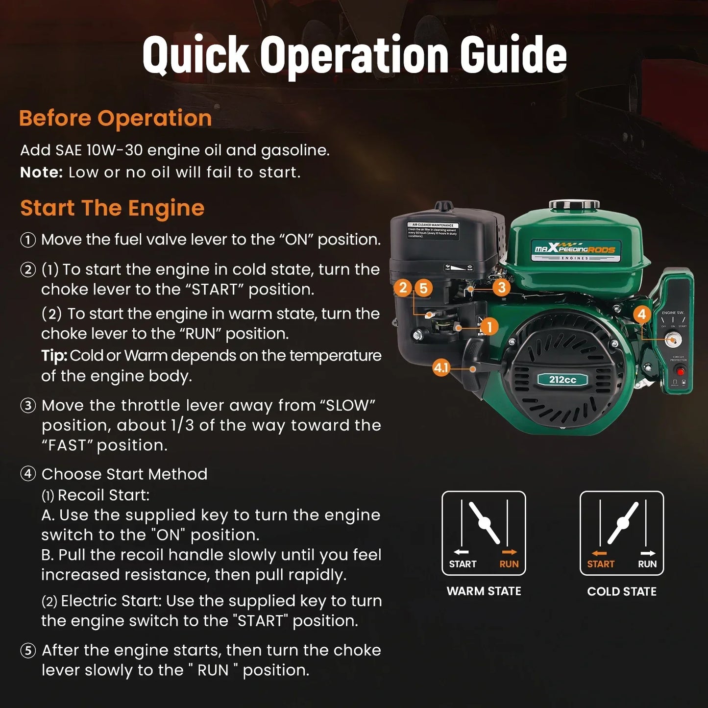 Moteur essence 7 CV 212 cm³ OHV, démarreur électrique