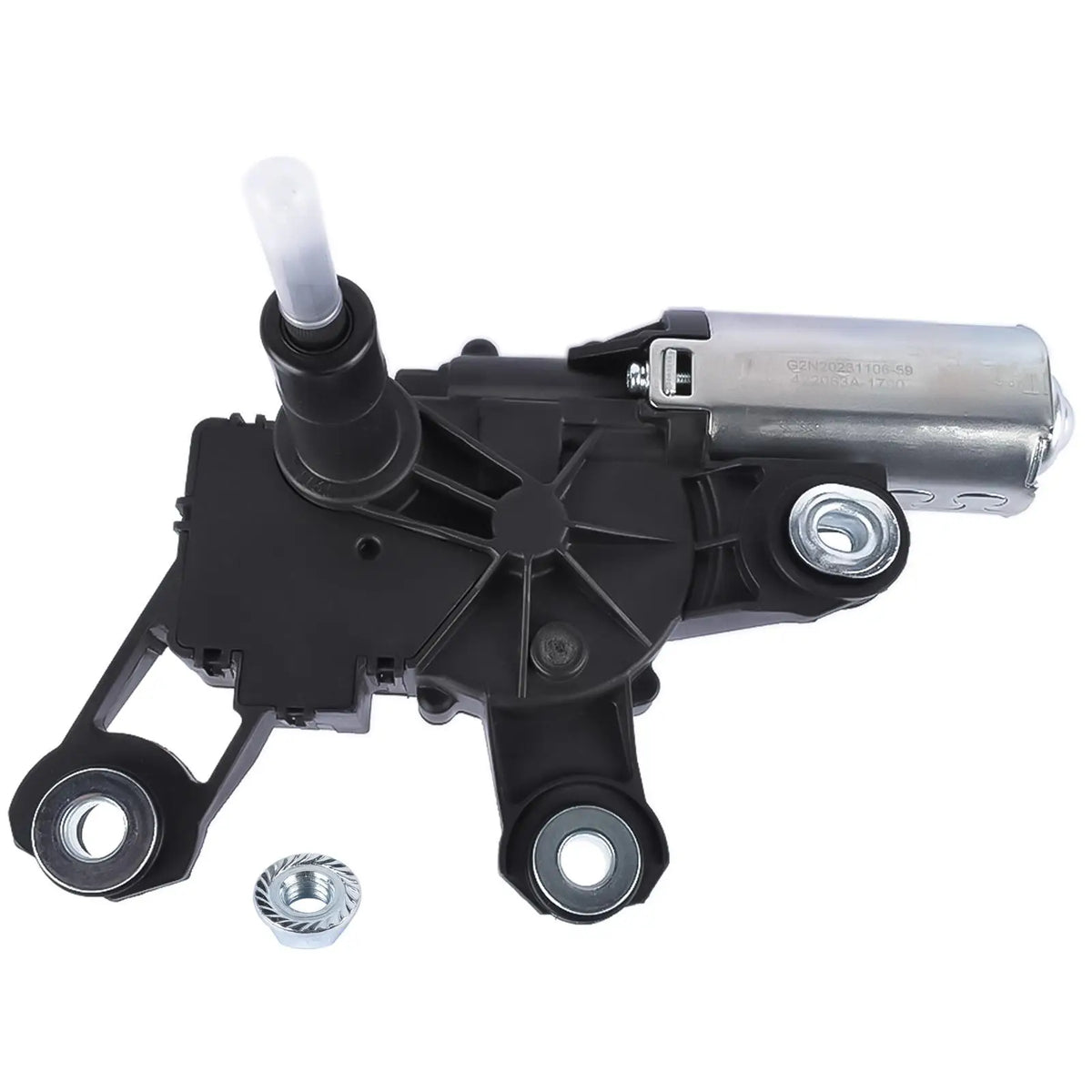 Silnik tylnej wycieraczki volkswagen polo 9n 9a 2001 2009 czarny plastik metal srebrna obudowa widok od tyłu
