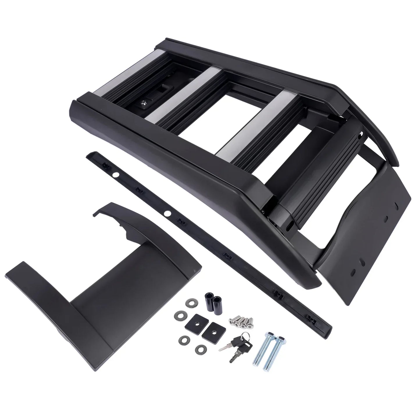 Czarny plastikowy dachowy bagażnik z metalowymi srebrnymi akcentami i mocowaniami do land rover defender 90 110 l663 2020 2025