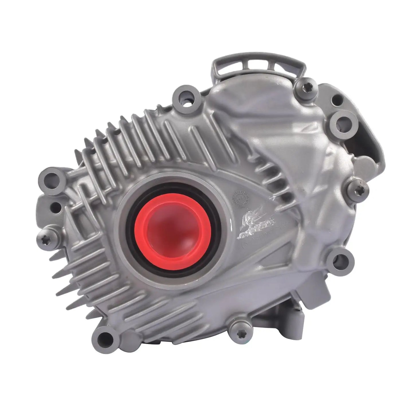 Szara metaliczna obudowa silnika motocykla z czerwonym okrągłym elementem oem approved oil 95b341010a