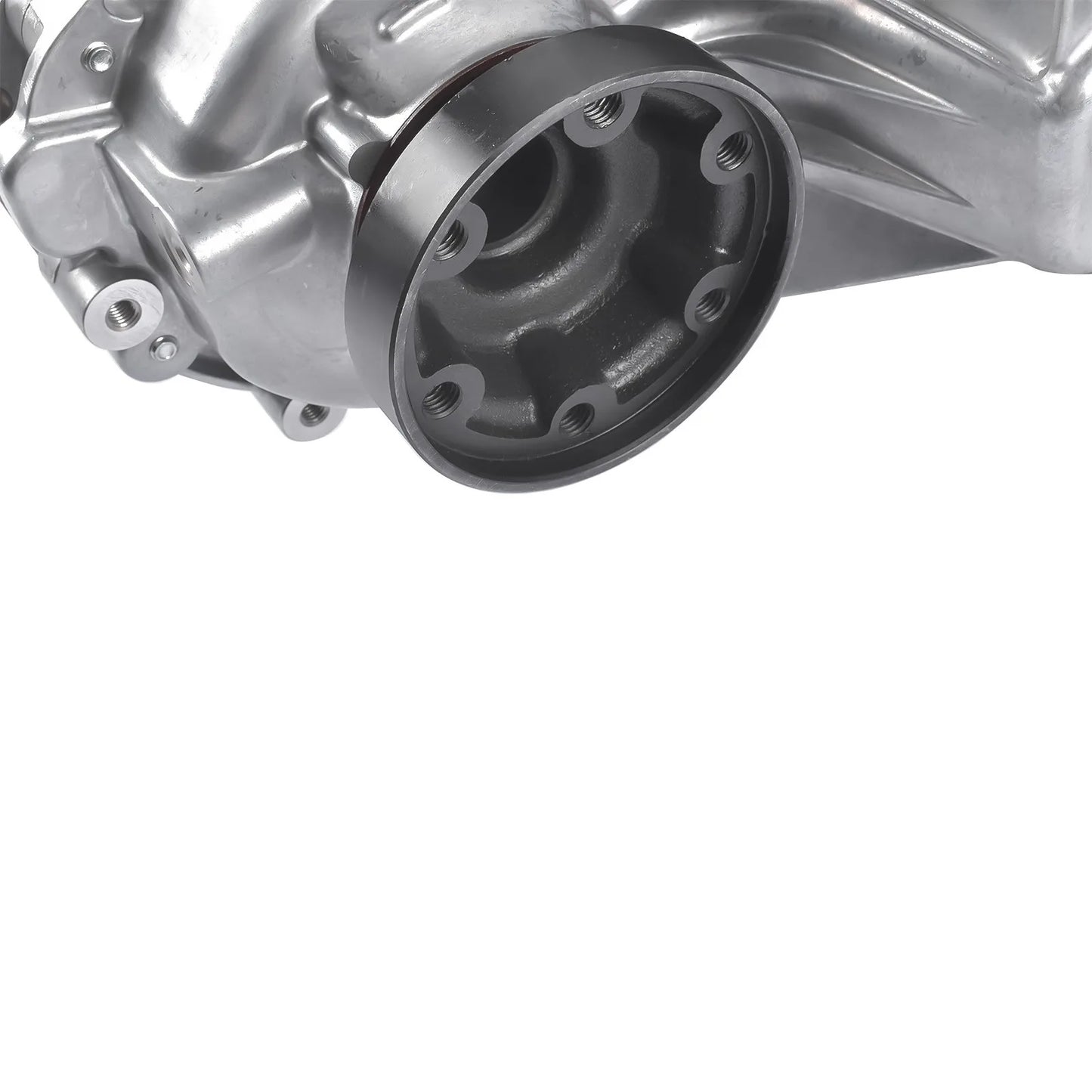 Srebrny metaliczny element skrzyni transferowej z kołnierzem i gwintowanymi otworami do jeep grand cherokee srt8