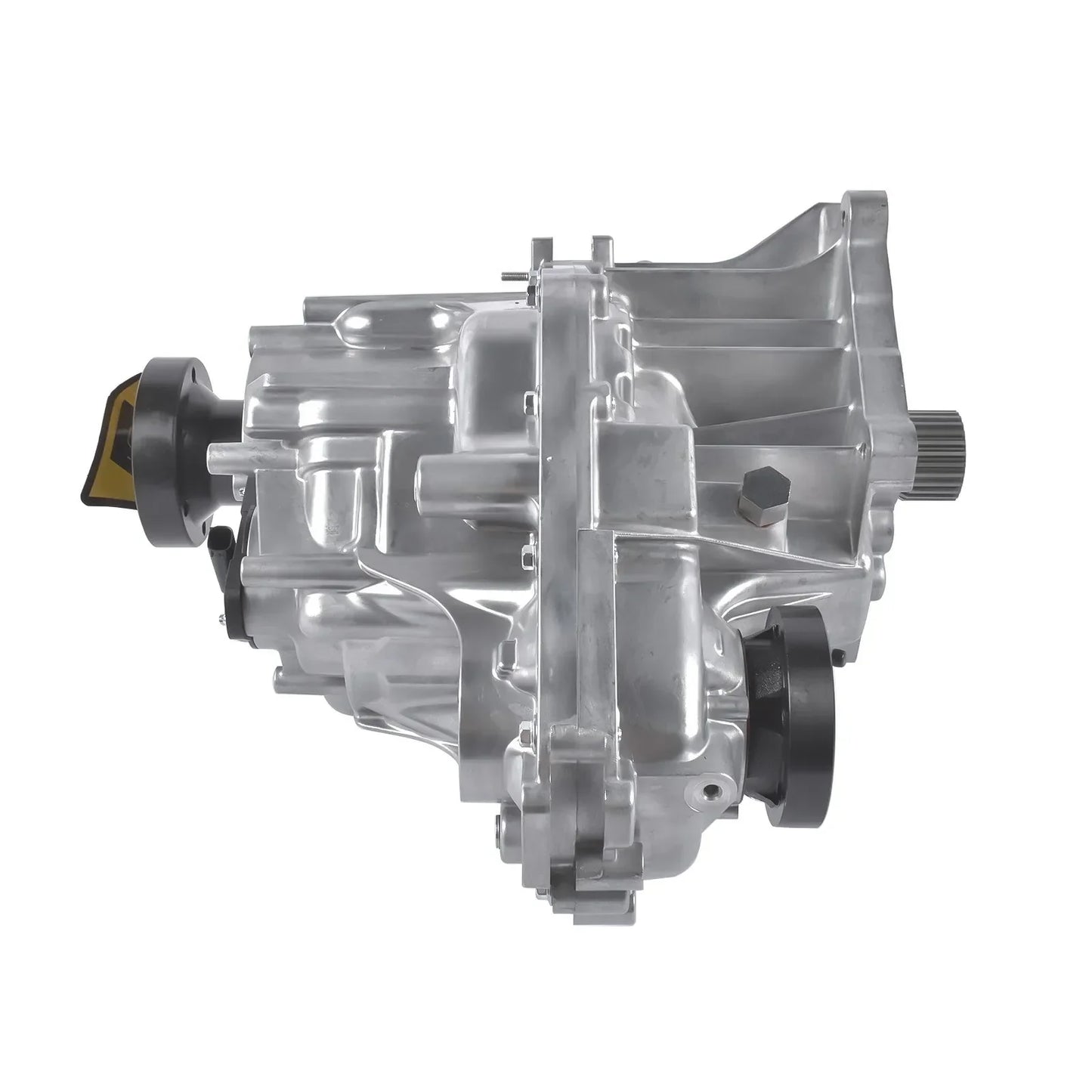 Srebrna metaliczna skrzynia transferowa do jeep grand cherokee srt8 6.4l z czarnymi uszczelkami i żółtą etykietą