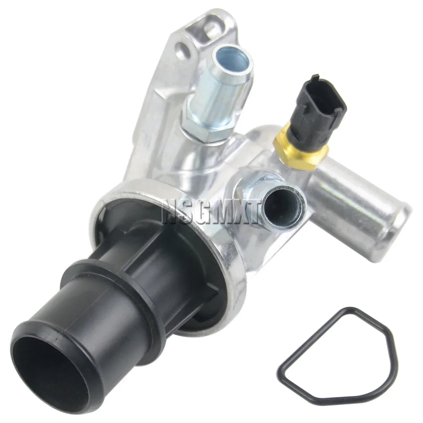 Srebrny aluminiowy czujnik temperatury płynu chłodzącego z czarnymi mocowaniami i żółtym złączem do dodge nitro 8crd turbo diesel