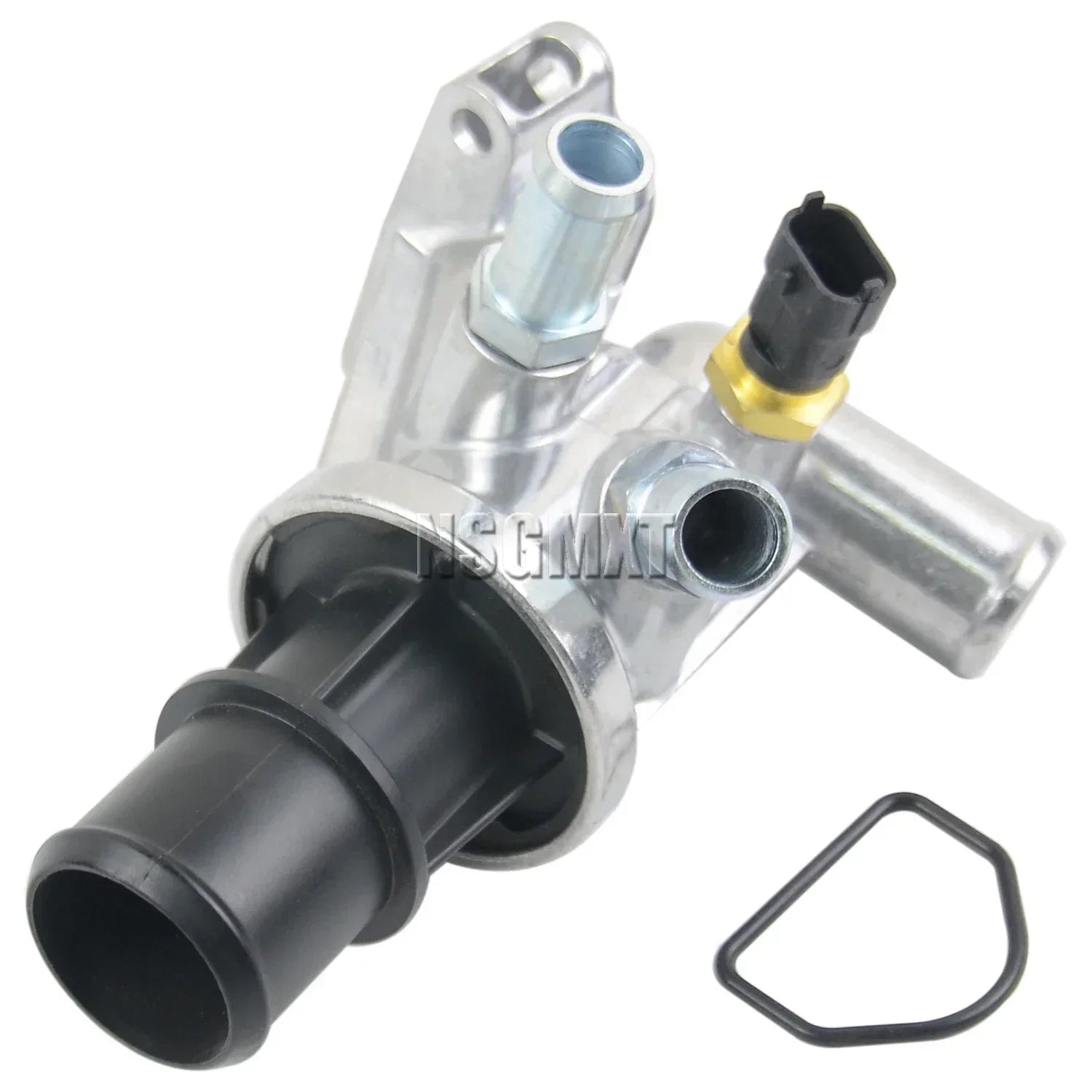Srebrny aluminiowy czujnik temperatury płynu chłodzącego z czarnymi mocowaniami i żółtym złączem do dodge nitro 8crd turbo diesel