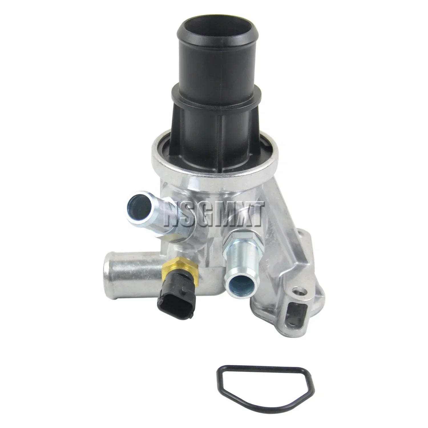Srebrna aluminiowa obudowa termostatu ap01 z czarnymi plastikowymi złączkami i gumową uszczelką do dodge nitro 28crd turbo diesel