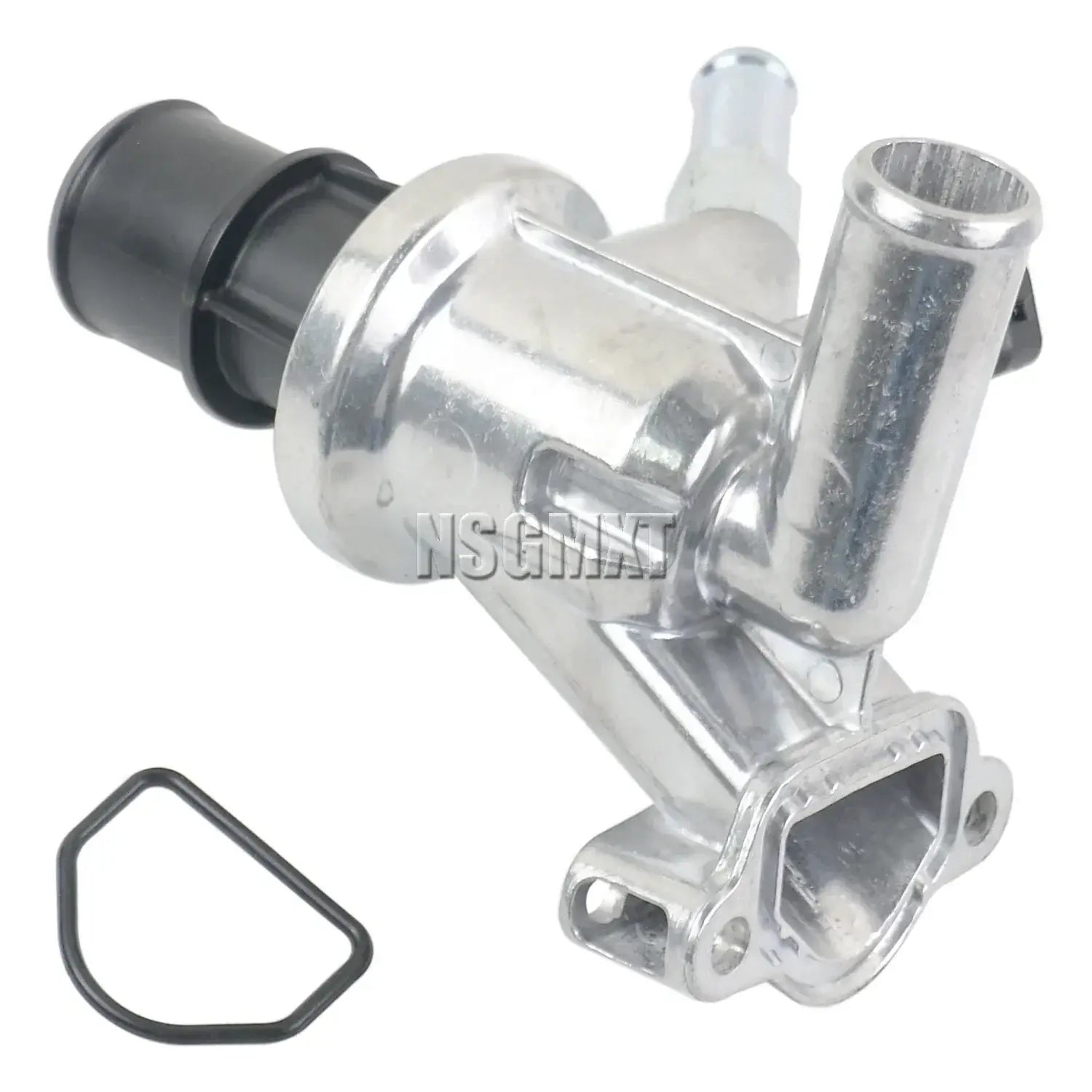 Srebrna aluminiowa obudowa termostatu ap01 z czarnymi plastikowymi złączami i czarną gumową uszczelką do dodge nitro 2.8 crd turbo diesel