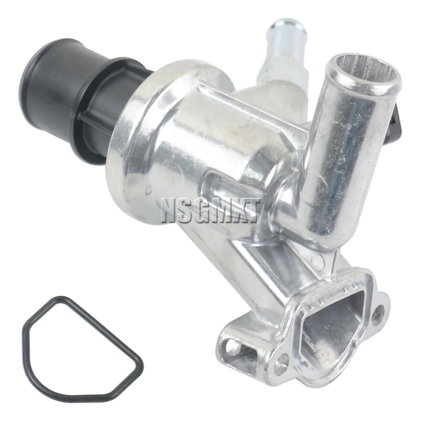Srebrna aluminiowa obudowa termostatu ap01 z czarnymi plastikowymi złączami i czarną gumową uszczelką do dodge nitro 2.8 crd turbo diesel