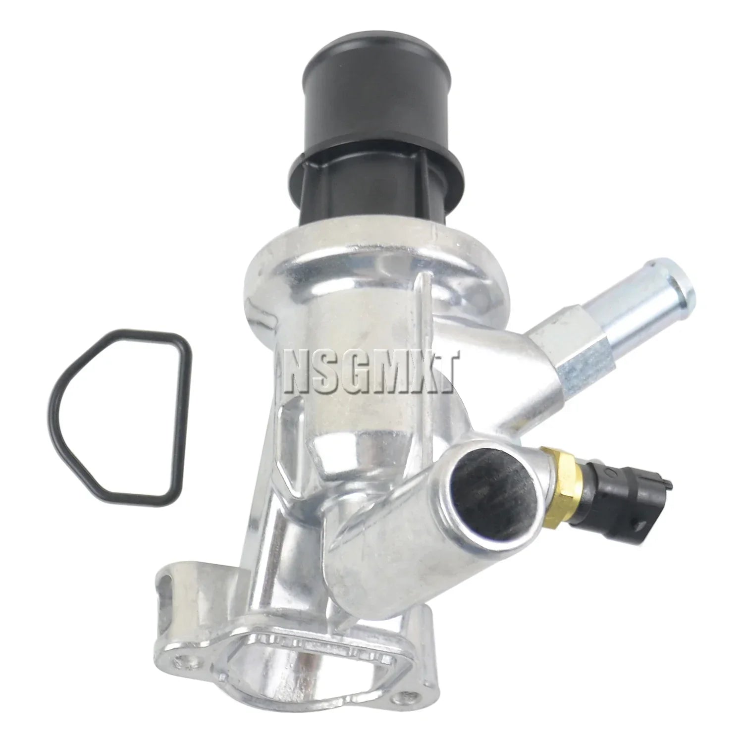 Srebrna obudowa termostatu z aluminium z czarnymi plastikowymi szybkozłączami i mosiężnym łącznikiem do dodge nitro 28 crd turbo diesel