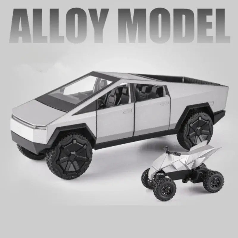 Tesla Cybertruck 1:24 – Metalowy Model Pickup Off-road z Efektami Dźwiękowymi i Świetlnymi - Srebrny z pudełkiem
